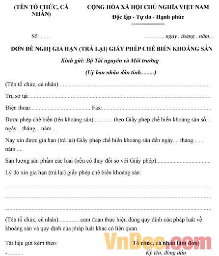 Mẫu đơn xin gia hạn giấy phép chế biến khoáng sản