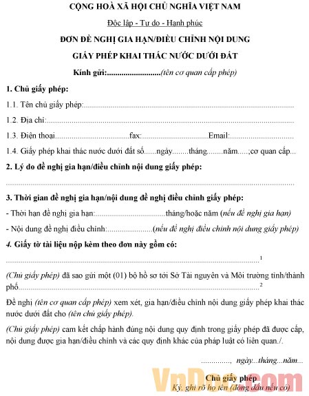 Mẫu đơn xin gia hạn giấy phép khai thác nước dưới đất