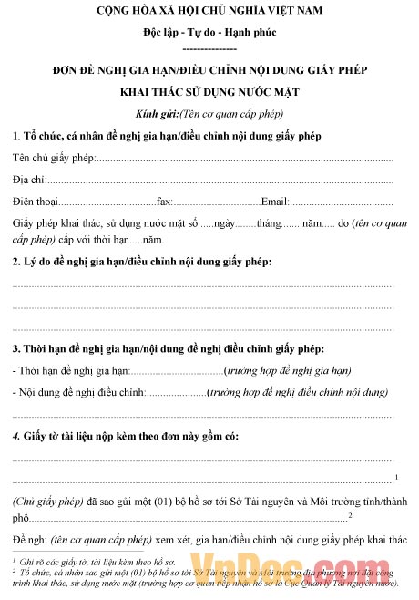 Mẫu đơn xin gia hạn giấy phép khai thác sử dụng nước mặt