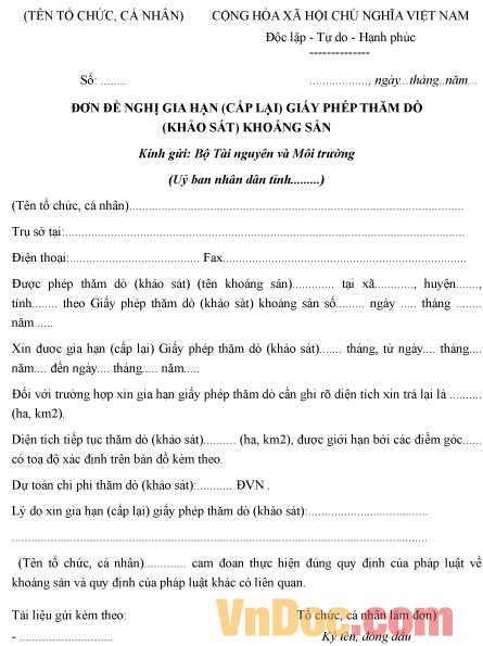 Mẫu đơn xin được gia hạn giấy phép thăm dò khoáng sản