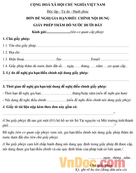 Mẫu đơn xin gia hạn giấy phép thăm dò nước dưới đất