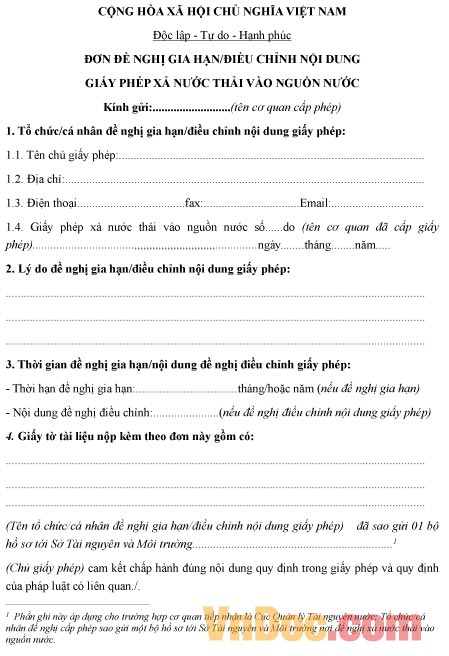 Mẫu đơn xin gia hạn giấy phép xả nước thải vào nguồn nước
