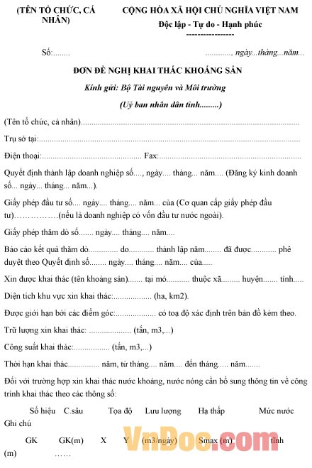 Mẫu đơn xin được khai thác khoáng sản