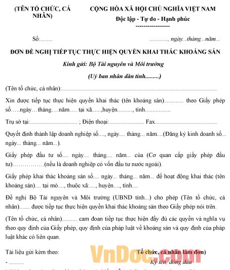 Mẫu đơn xin tiếp tục thực hiện quyền khai thác khoáng sản