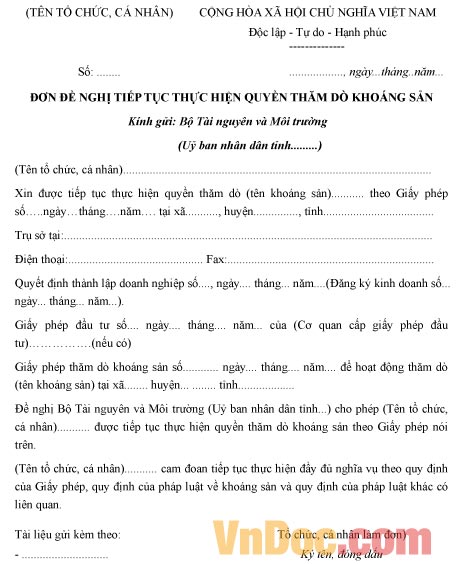 Mẫu đơn xin tiếp tục thực hiện quyền thăm dò khoáng sản