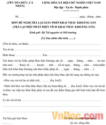 Mẫu đơn xin trả lại giấy phép khai thác khoáng sản