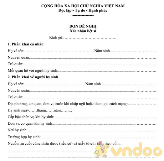 Đơn đề nghị xác nhận liệt sĩ