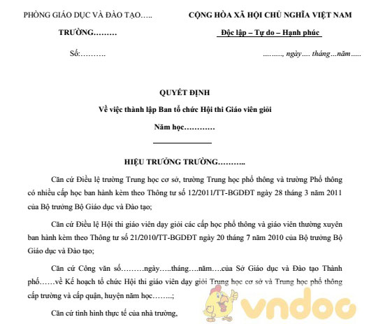 Mẫu quyết đinh thành lập Ban chỉ đạo Hội thi giáo viên dạy giỏi