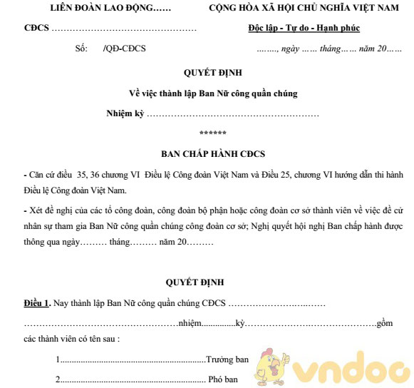 Mẫu quyết định thành lập Ban nữ công