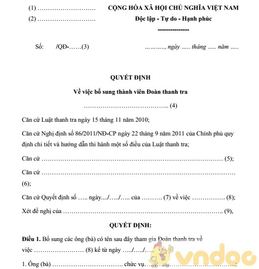 Mẫu quyết định việc bổ sung thành viên Đoàn thanh tra