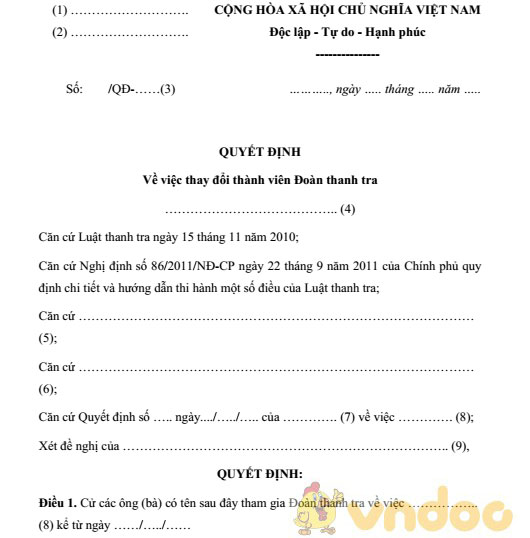 Mẫu quyết định việc thay đổi thành viên Đoàn thanh tra