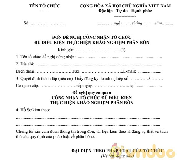 Đơn đề nghị công nhận tổ chức đủ điều kiện thực hiện khảo nghiệm phân bón