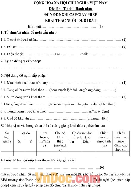 Mẫu đơn xin cấp giấy phép khai thác nước dưới đất