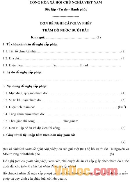 Mẫu đơn xin cấp giấy phép thăm dò nước dưới đất