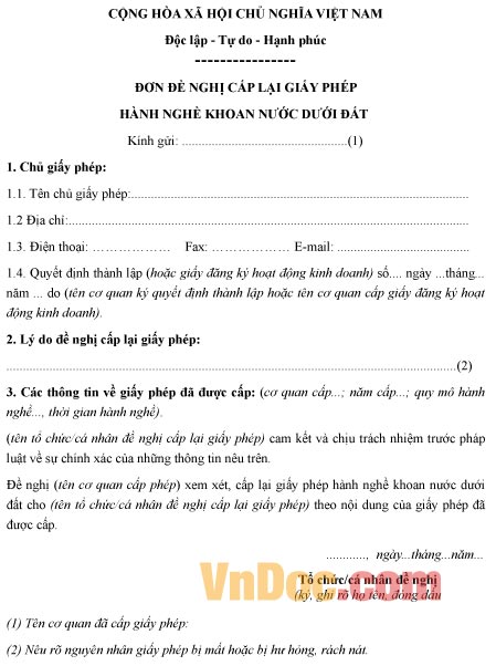 Mẫu đơn xin cấp lại giấy phép hành nghề khoan nước dưới đất
