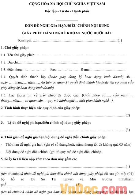 Mẫu đơn đề nghị gia hạn, điều chỉnh nội dung giấy phép hành nghề khoan nước dưới đất