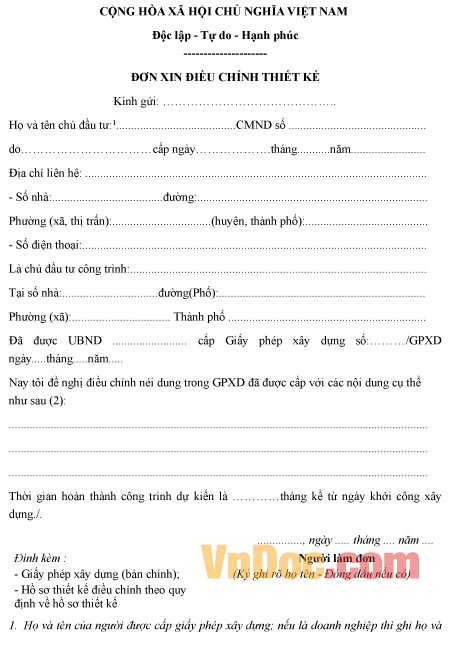 Mẫu đơn xin điều chỉnh nội dung bản thiết kế