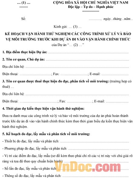 Mẫu kế hoạch vận hành thử nghiệm công trình xử lý và bảo vệ môi trường trước khi dự án đi vào vận hành chính thức