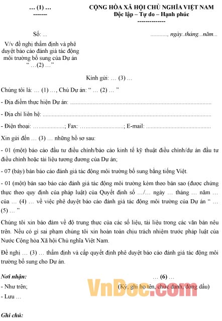 Mẫu văn bản xin thẩm định báo cáo đánh giá tác động môi trường bổ sung