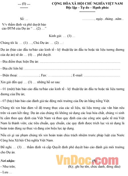 Mẫu văn bản xin thẩm định báo cáo đánh giá tác động môi trường