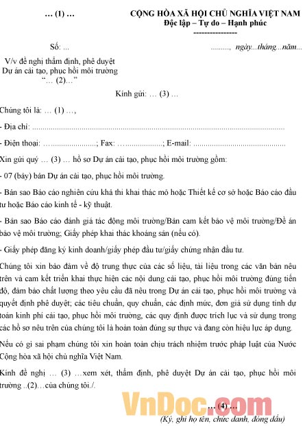 Mẫu văn bản đề nghị thẩm định, phê duyệt dự án cải tạo, phục hồi môi trường
