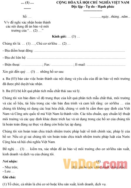 Mẫu văn bản đề nghị xác nhận hoàn thành các nội dung đề án bảo vệ môi trường