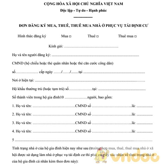 Đơn đăng ký mua, thuê, thuê mua nhà ở phục vụ tái định cư