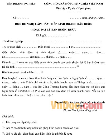 Mẫu đơn xin cấp giấy phép kinh doanh bán buôn rượu