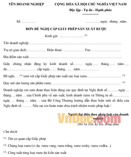 Mẫu đơn xin cấp giấy phép sản xuất rượu