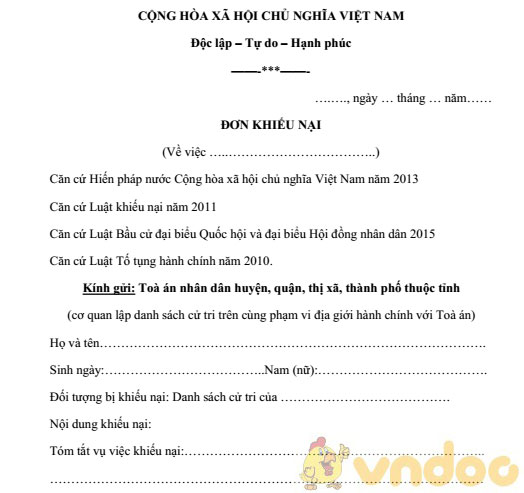 Mẫu đơn khiếu nại về danh sách cử tri