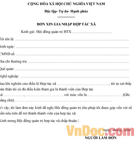 Mẫu đơn đề nghị gia nhập hợp tác xã