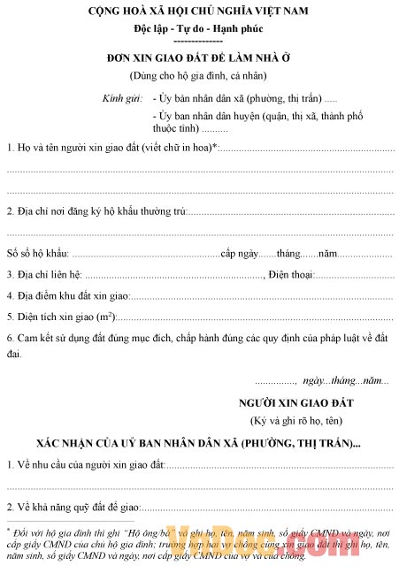 Mẫu đơn đề nghị giao đất để làm nhà ở