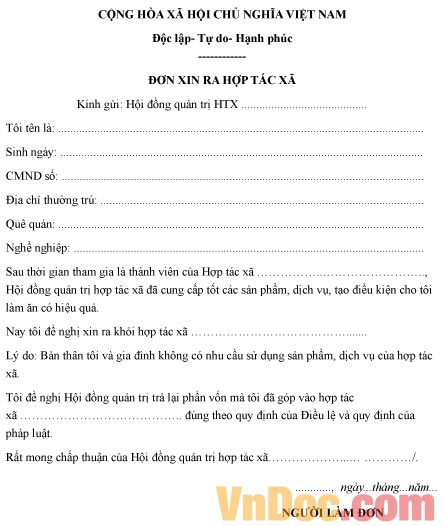 Mẫu đơn đề nghị rút khỏi hợp tác xã