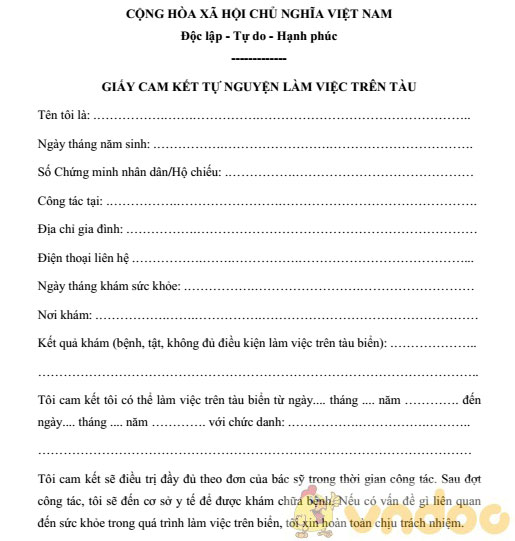 Mẫu giấy cam kết tự nguyện làm việc trên tàu biển