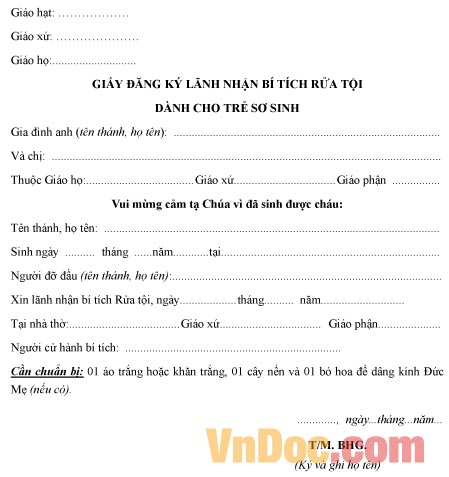 Mẫu giấy đăng ký về việc lãnh nhận bí tích rửa tội dành cho trẻ sơ sinh