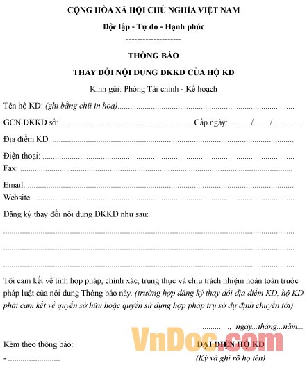 Mẫu thông báo về việc thay đổi nội dung đăng ký kinh doanh của hộ kinh doanh