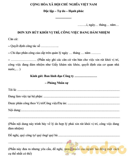 Đơn xin rút khỏi vị trí, công việc đang đảm nhiệm
