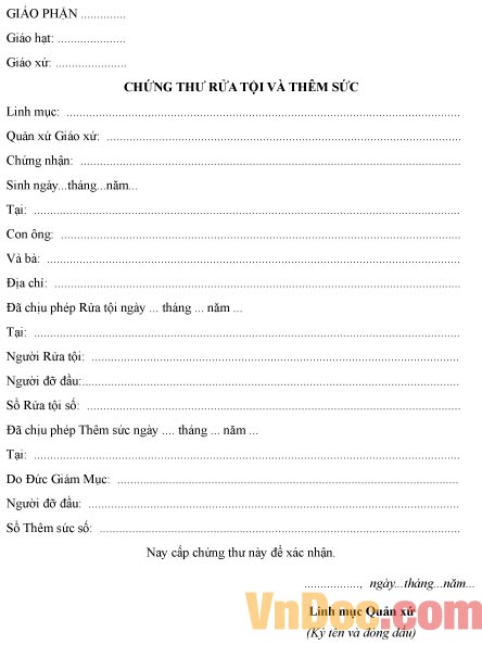 Mẫu chứng thư xác nhận rửa tội và thêm sức