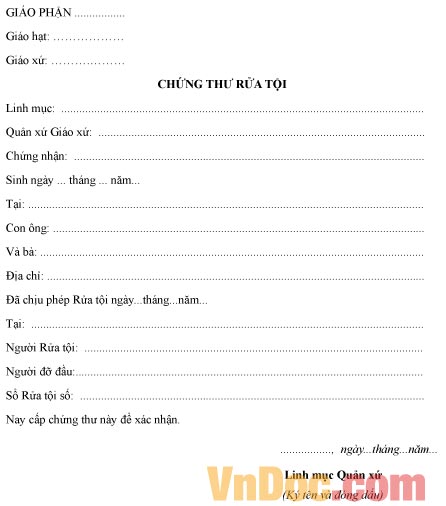 Mẫu chứng thư ghi chép rửa tội