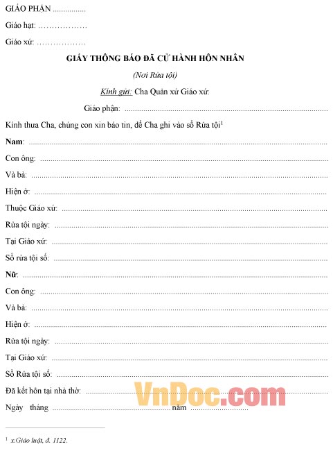 Mẫu giấy thông báo về việc đã cử hành hôn nhân