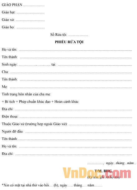 Mẫu phiếu ghi chép rửa tội