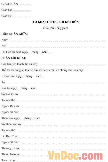 Mẫu tờ khai ghi chép trước khi kết hôn