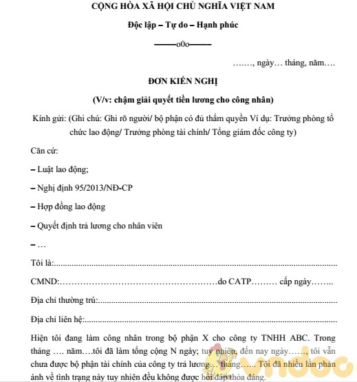 Đơn kiến nghị về việc chậm trả lương