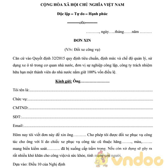 Đơn xin đổi xe công vụ