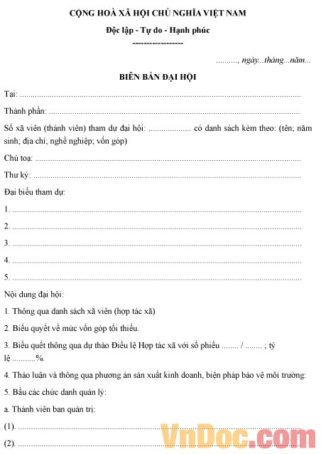 Mẫu biên bản hội nghị về việc thành lập hợp tác xã