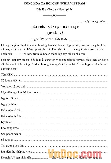 Mẫu đơn giải trình về việc thành lập hợp tác xã