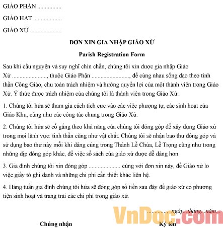 Mẫu đơn xin được gia nhập vào công giáo