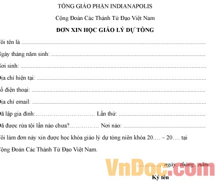 Mẫu đơn xin được học giáo lý dự tòng