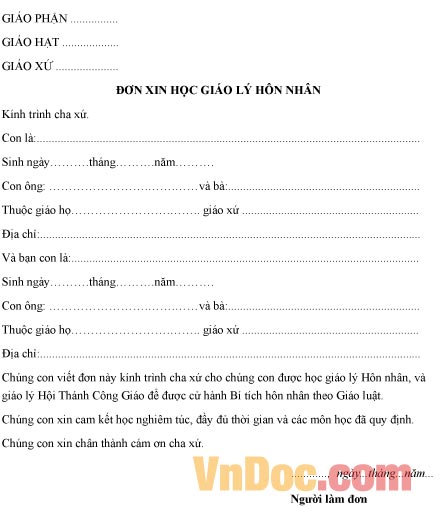 Mẫu đơn xin được học giáo lý hôn nhân