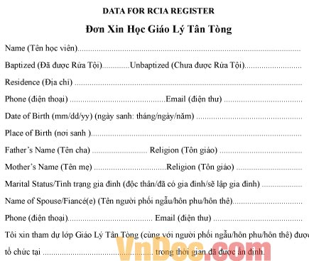 Mẫu đơn xin được học giáo lý tân tòng